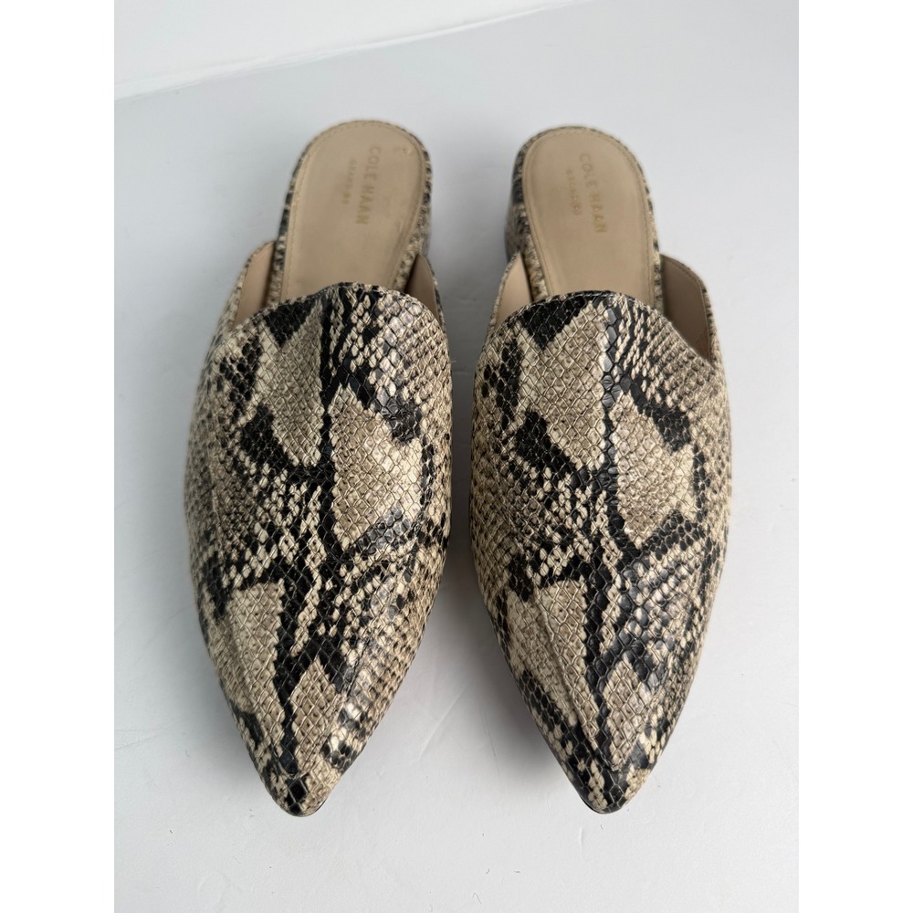 Cole Haan Mules Women 9B Natural Snake Print Good Grand Quiet Luxury Pointed Toe